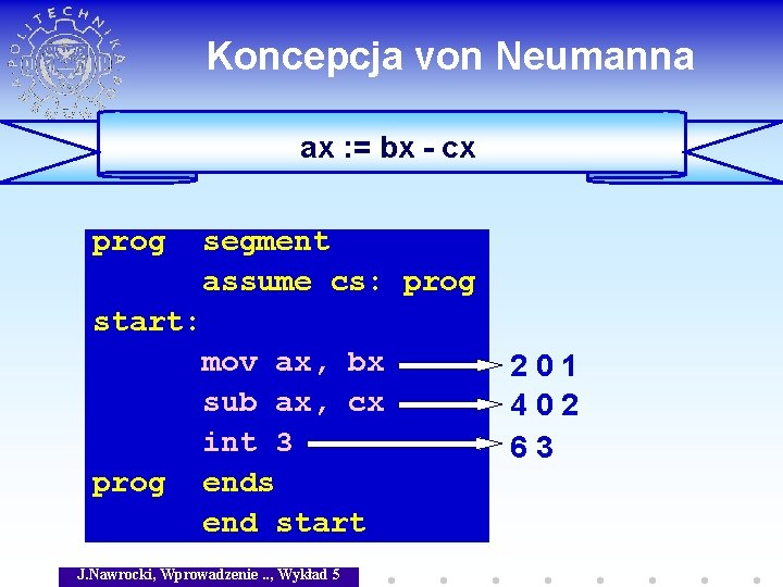 Koncepcja von Neumanna ax : = bx - cx prog segment assume cs: prog