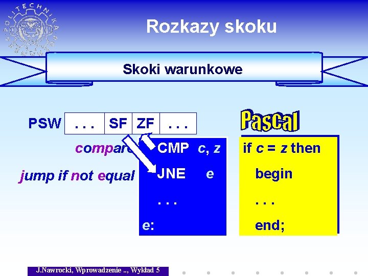 Rozkazy skoku Skoki warunkowe PSW. . . SF ZF. . . CMP c, z