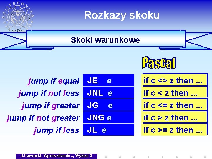 Rozkazy skoku Skoki warunkowe jump if equal jump if not less jump if greater
