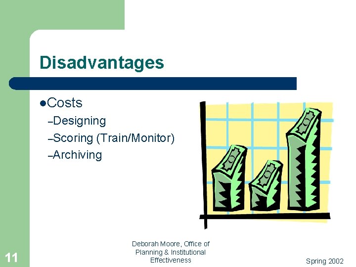 Disadvantages l. Costs –Designing –Scoring (Train/Monitor) –Archiving 11 Deborah Moore, Office of Planning &