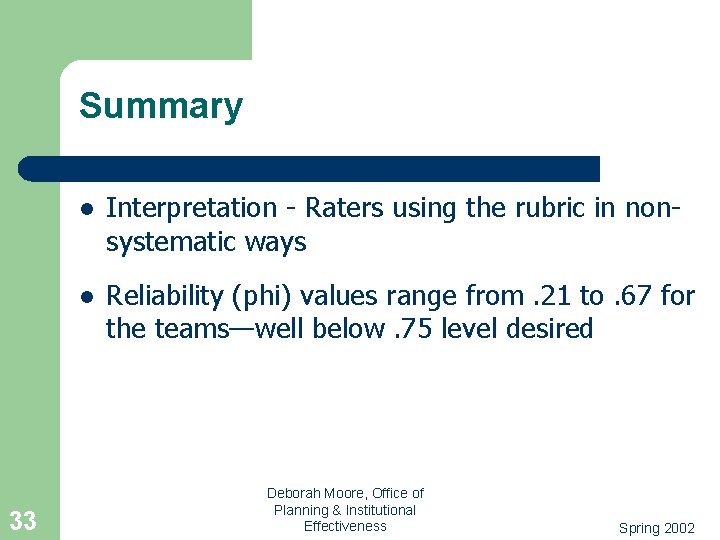 Summary 33 l Interpretation - Raters using the rubric in nonsystematic ways l Reliability