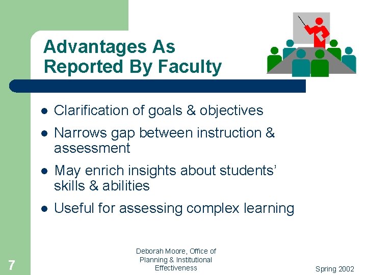 Advantages As Reported By Faculty 7 l Clarification of goals & objectives l Narrows