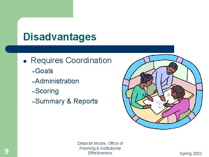 Disadvantages l Requires Coordination –Goals –Administration –Scoring –Summary 9 & Reports Deborah Moore, Office