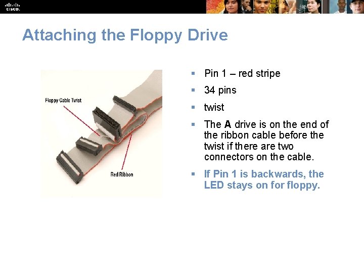 Attaching the Floppy Drive § Pin 1 – red stripe § 34 pins §