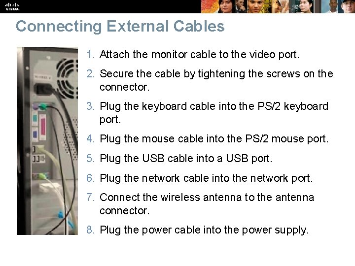 Connecting External Cables 1. Attach the monitor cable to the video port. 2. Secure