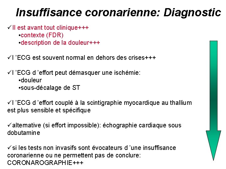 Insuffisance coronarienne: Diagnostic üIl est avant tout clinique+++ • contexte (FDR) • description de