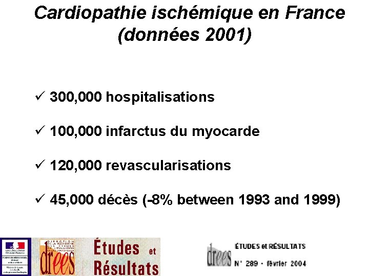 Cardiopathie ischémique en France (données 2001) ü 300, 000 hospitalisations ü 100, 000 infarctus