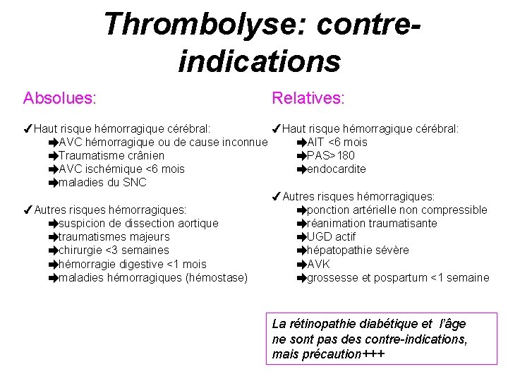 Thrombolyse: contreindications Absolues: Relatives: 4 Haut risque hémorragique cérébral: èAVC hémorragique ou de cause