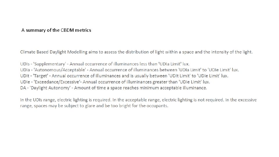 A summary of the CBDM metrics 