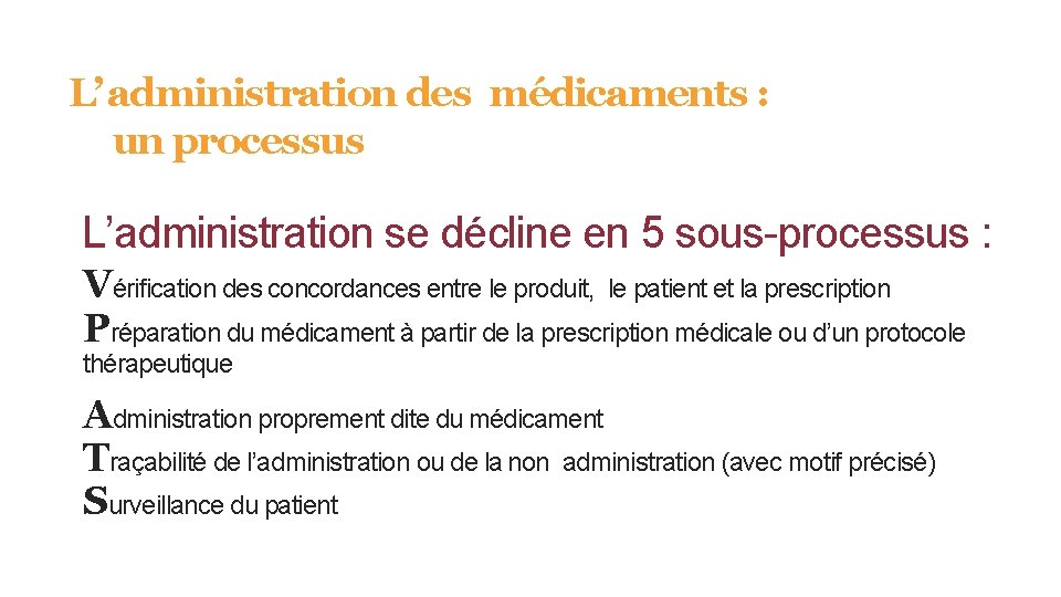 L’ administration des médicaments : un processus L’administration se décline en 5 sous-processus :