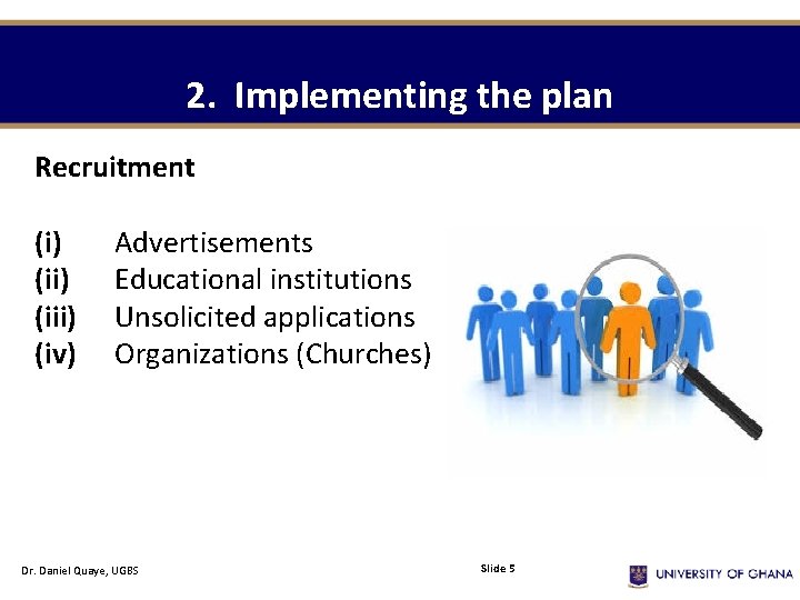 2. Implementing the plan Recruitment (i) Advertisements (ii) Educational institutions (iii) Unsolicited applications (iv)