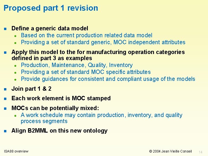 Proposed part 1 revision n Define a generic data model l Based on the