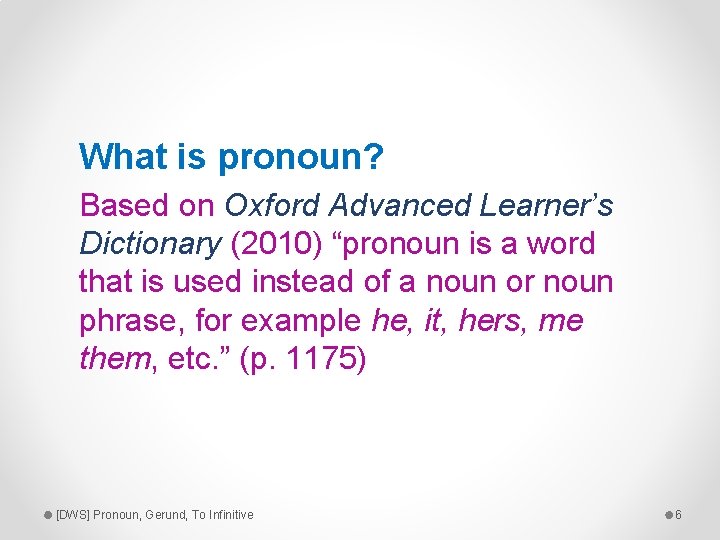 What is pronoun? Based on Oxford Advanced Learner’s Dictionary (2010) “pronoun is a word