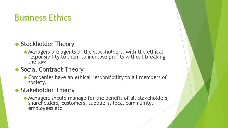 Business Ethics Stockholder Theory Managers are agents of the stockholders, with the ethical responsibility