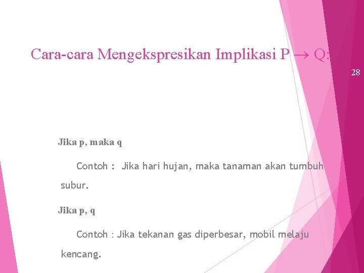 Cara-cara Mengekspresikan Implikasi P Q: 28 Jika p, maka q Contoh : Jika hari