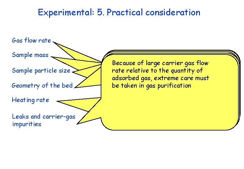 Experimental: 5. Practical consideration Gas flow rate Sample mass Sample particle size Geometry of