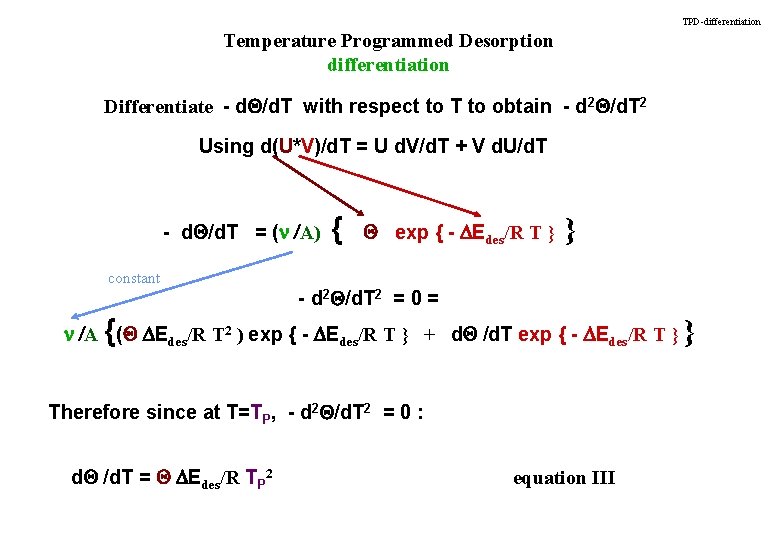 TPD-differentiation Temperature Programmed Desorption differentiation Differentiate - d. Q/d. T with respect to T