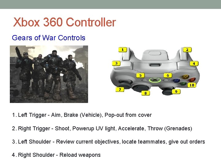 Xbox 360 Controller Gears of War Controls 1. Left Trigger - Aim, Brake (Vehicle), Xbox 360 Controller Gears of War Controls 1. Left Trigger - Aim, Brake (Vehicle),