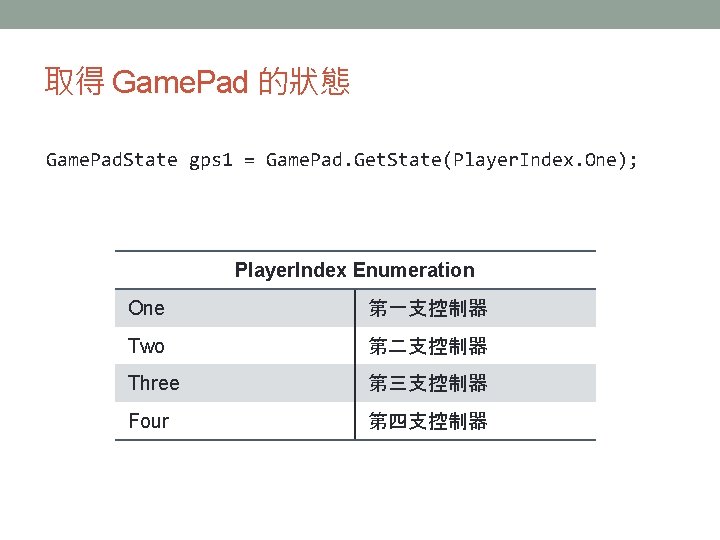 取得 Game. Pad 的狀態 Game. Pad. State gps 1 = Game. Pad. Get. State(Player. 取得 Game. Pad 的狀態 Game. Pad. State gps 1 = Game. Pad. Get. State(Player.
