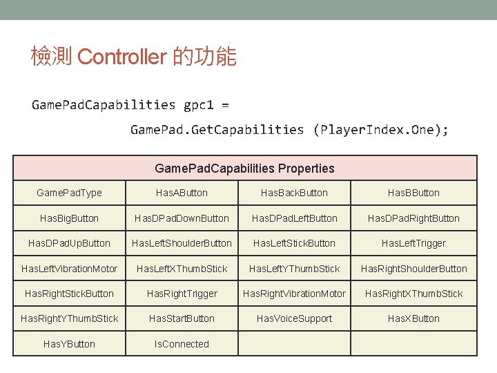 檢測 Controller 的功能 Game. Pad. Capabilities gpc 1 = Game. Pad. Get. Capabilities (Player. 檢測 Controller 的功能 Game. Pad. Capabilities gpc 1 = Game. Pad. Get. Capabilities (Player.