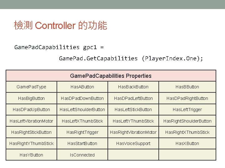 檢測 Controller 的功能 Game. Pad. Capabilities gpc 1 = Game. Pad. Get. Capabilities (Player.