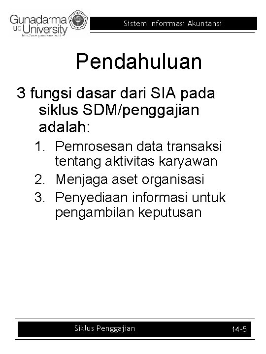 Sistem Inforrmasi Akuntansi Pendahuluan 3 fungsi dasar dari SIA pada siklus SDM/penggajian adalah: 1.