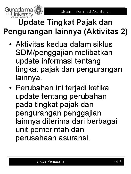 Sistem Inforrmasi Akuntansi Update Tingkat Pajak dan Pengurangan lainnya (Aktivitas 2) • Aktivitas kedua