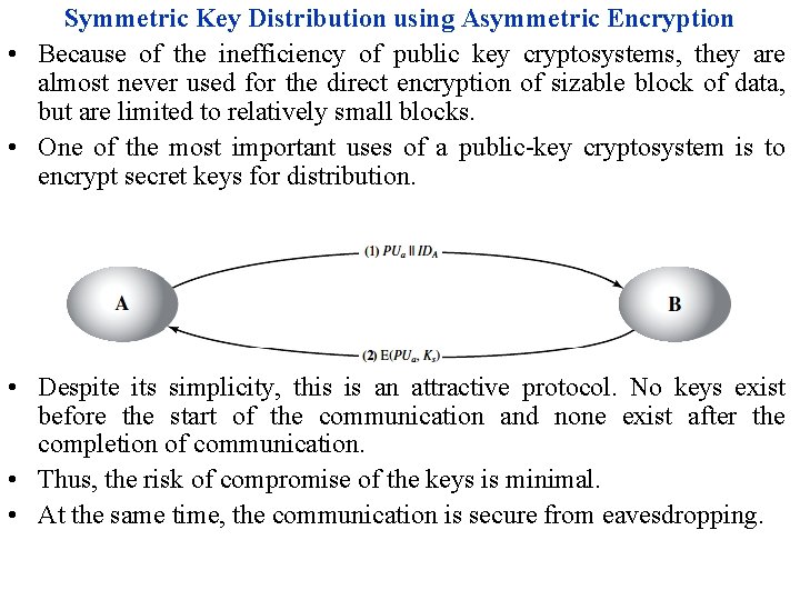 Symmetric Key Distribution using Asymmetric Encryption • Because of the inefficiency of public key