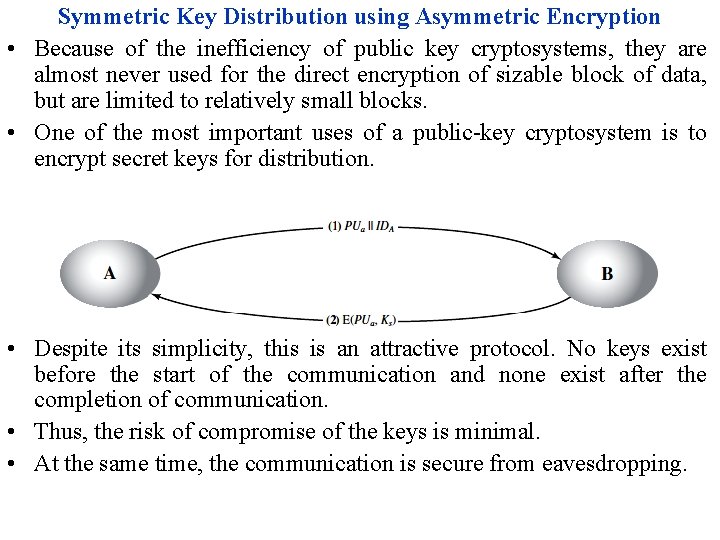 Symmetric Key Distribution using Asymmetric Encryption • Because of the inefficiency of public key Symmetric Key Distribution using Asymmetric Encryption • Because of the inefficiency of public key