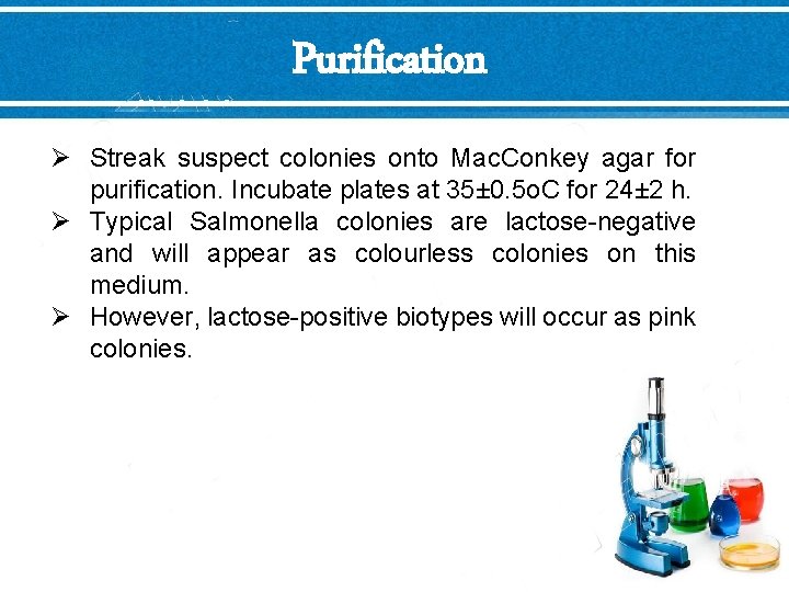 Purification Ø Streak suspect colonies onto Mac. Conkey agar for purification. Incubate plates at