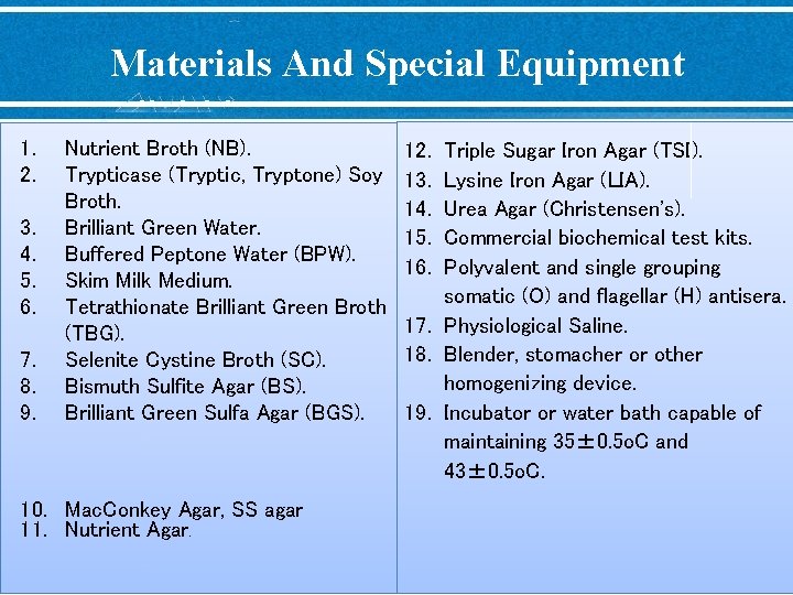 Materials And Special Equipment 1. 2. 3. 4. 5. 6. 7. 8. 9. Nutrient