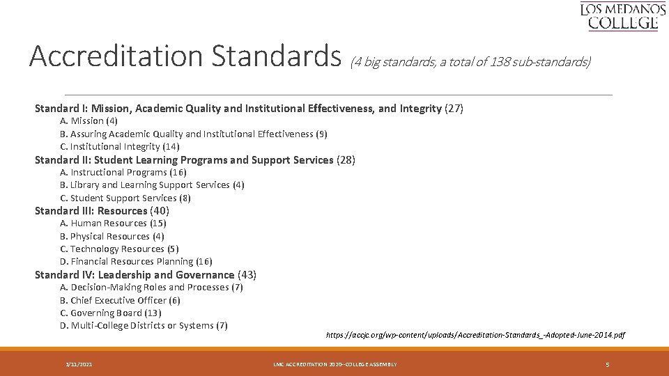 Accreditation Standards (4 big standards, a total of 138 sub-standards) Standard I: Mission, Academic