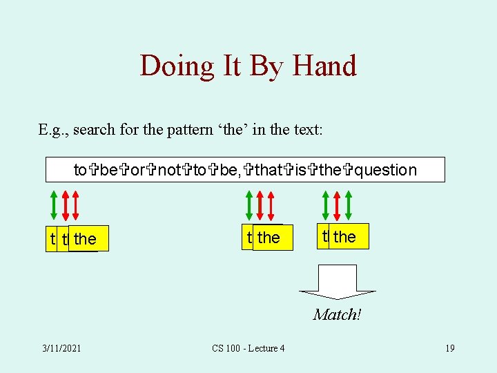 Doing It By Hand E. g. , search for the pattern ‘the’ in the