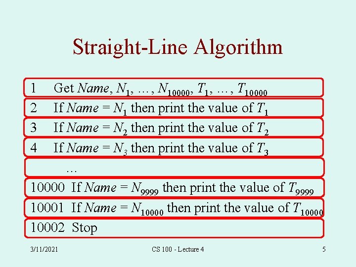 Straight-Line Algorithm 1 2 3 4 Get Name, N 1, …, N 10000, T