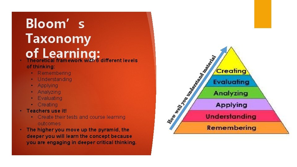  • Bloom’s Taxonomy of Learning: Theoretical framework with 6 different levels of thinking: