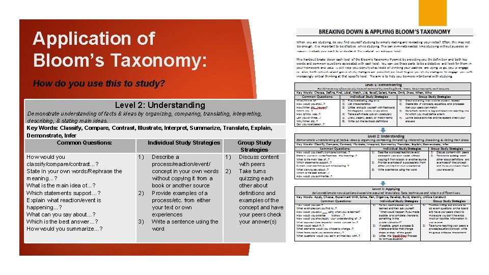 Application of Bloom’s Taxonomy: How do you use this to study? Level 2: Understanding