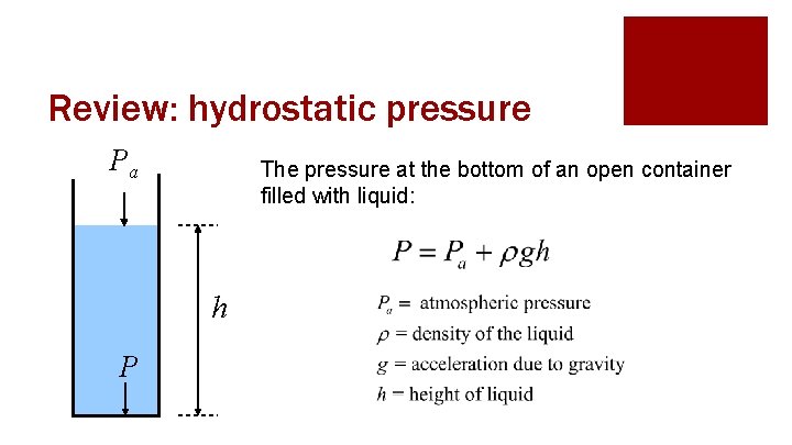 Review: hydrostatic pressure Pa The pressure at the bottom of an open container filled