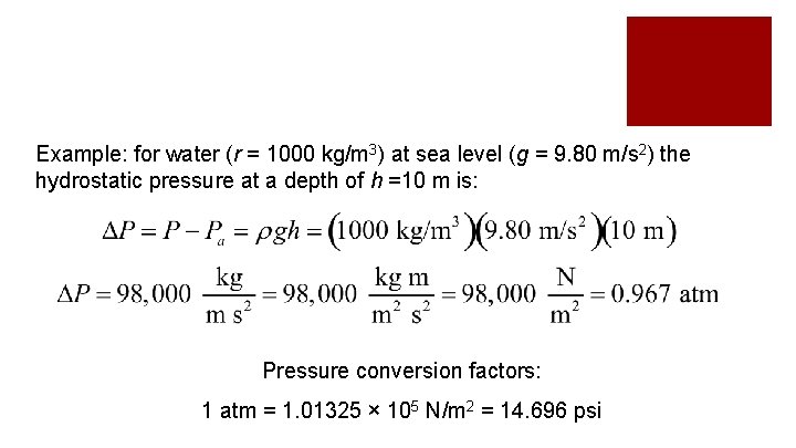 Example: for water (r = 1000 kg/m 3) at sea level (g = 9.