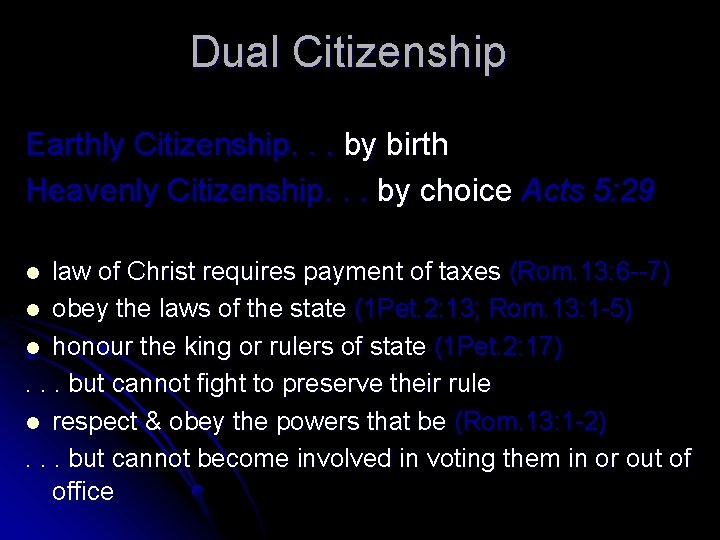 Dual Citizenship Earthly Citizenship. . . by birth Heavenly Citizenship. . . by choice