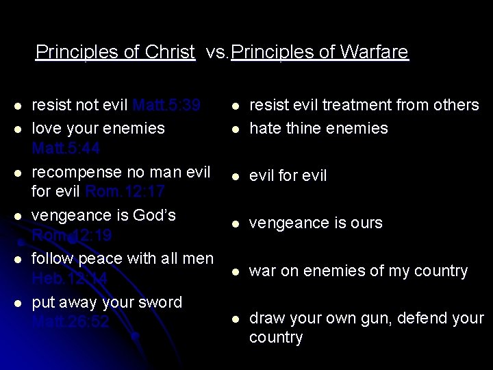 Principles of Christ vs. Principles of Warfare l l l resist not evil Matt.