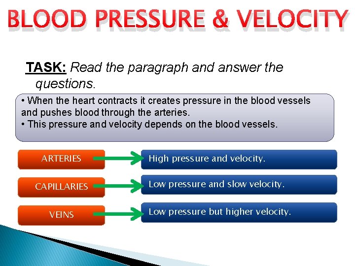BLOOD PRESSURE & VELOCITY TASK: Read the paragraph and answer the questions. • When