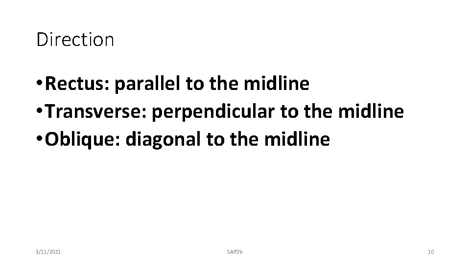 Direction • Rectus: parallel to the midline • Transverse: perpendicular to the midline •