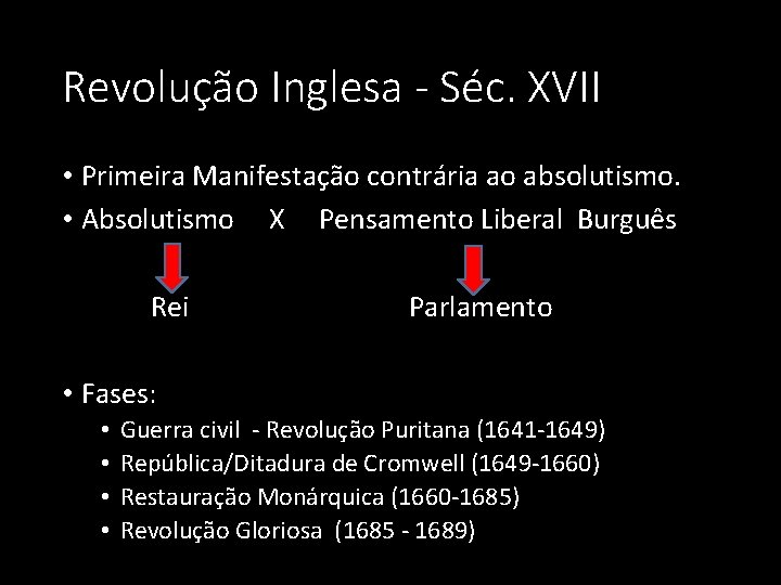 Revolução Inglesa - Séc. XVII • Primeira Manifestação contrária ao absolutismo. • Absolutismo X