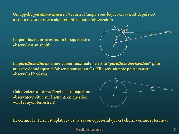 On appelle parallaxe diurne d’un astre l’angle sous lequel on verrait depuis cet astre