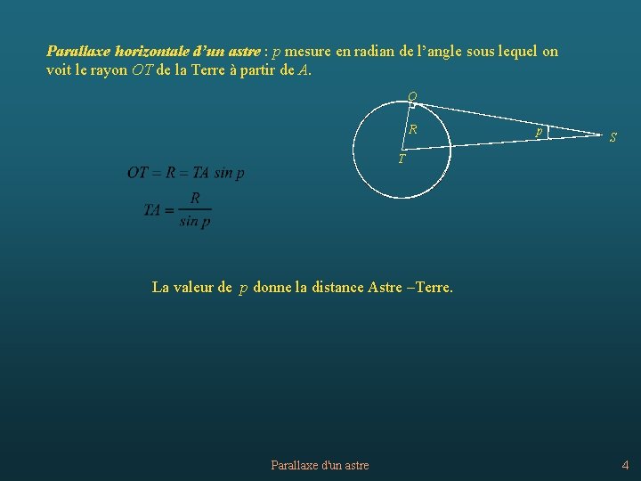 Parallaxe horizontale d’un astre : p mesure en radian de l’angle sous lequel on