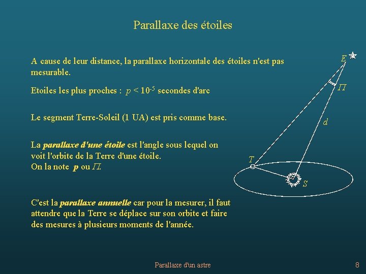 Parallaxe des étoiles E A cause de leur distance, la parallaxe horizontale des étoiles