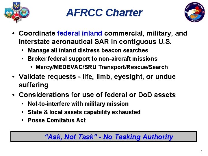 AFRCC Charter • Coordinate federal inland commercial, military, and interstate aeronautical SAR in contiguous