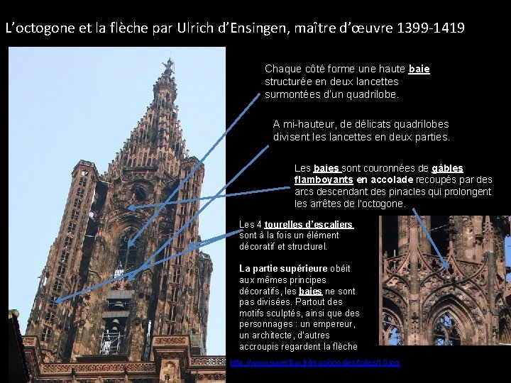 L’octogone et la flèche par Ulrich d’Ensingen, maître d’œuvre 1399 -1419 Chaque côté forme