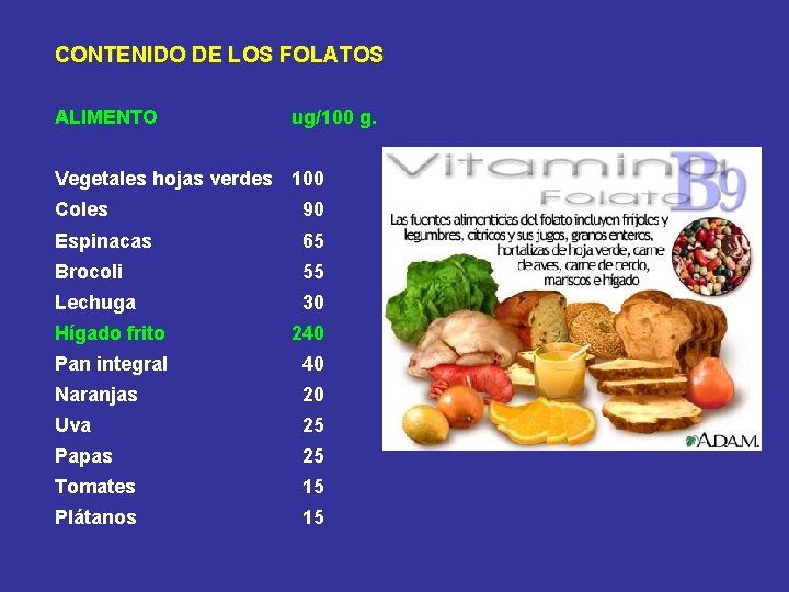CONTENIDO DE LOS FOLATOS ALIMENTO ug/100 g. Vegetales hojas verdes 100 Coles 90 Espinacas