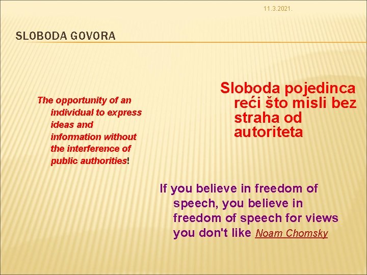 11. 3. 2021. SLOBODA GOVORA The opportunity of an individual to express ideas and